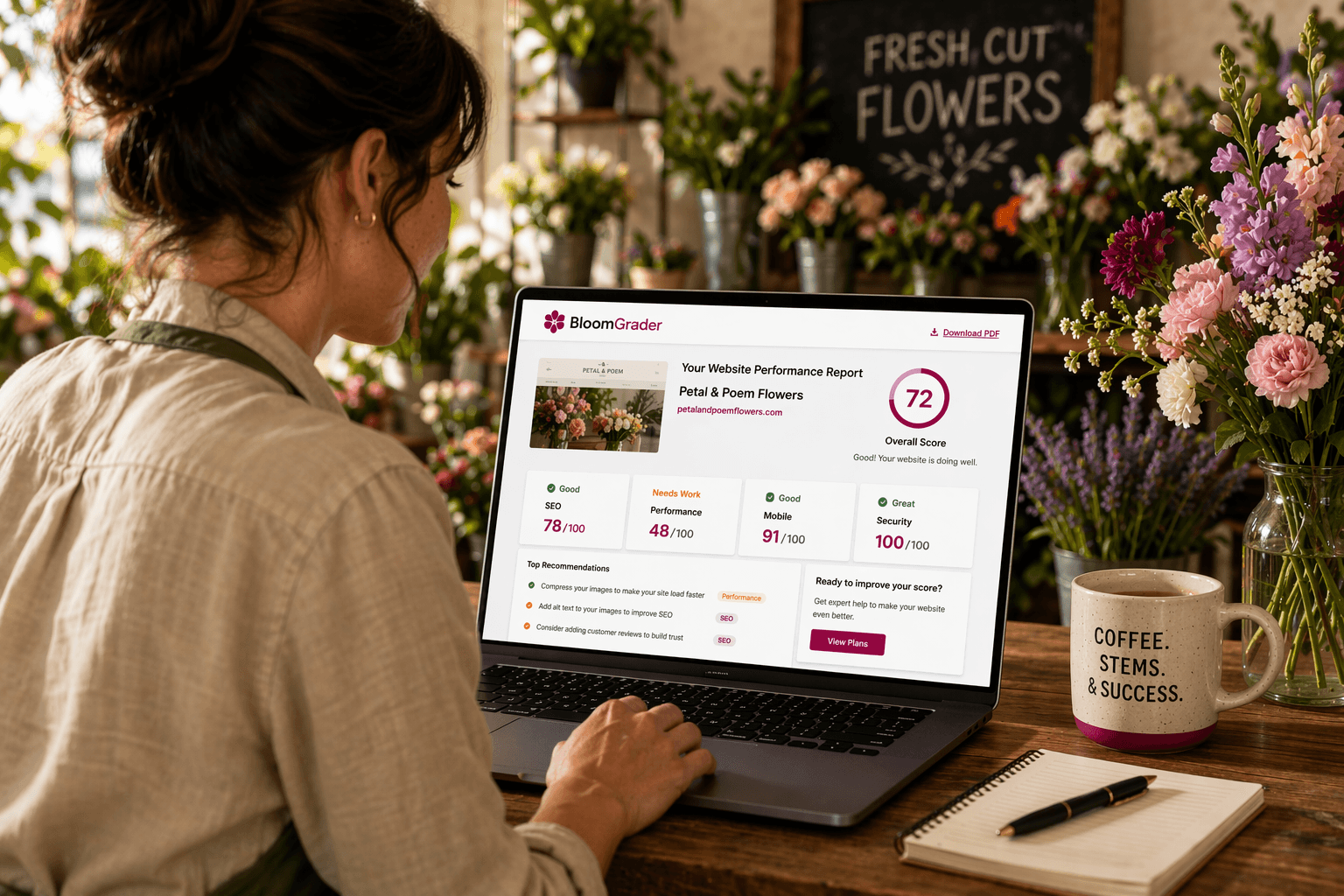 A florist reviewing a BloomGrader website performance report on a laptop
